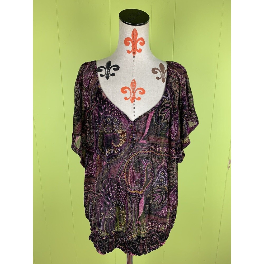 Apt 9 Womens 2XL Black Purple Floral Pullover Tunic Short Sleeve Stretch Top